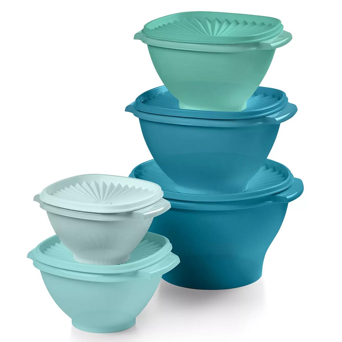 A stack of five nested plastic mixing bowls in various shades of blue with fitted lids, featuring handles on either side for easy handling.