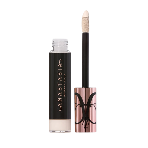 Anastasia Beverly Hills makeup product featuring a liquid formula with a doe-foot applicator and a metallic rose gold cap adorned with decorative black designs.