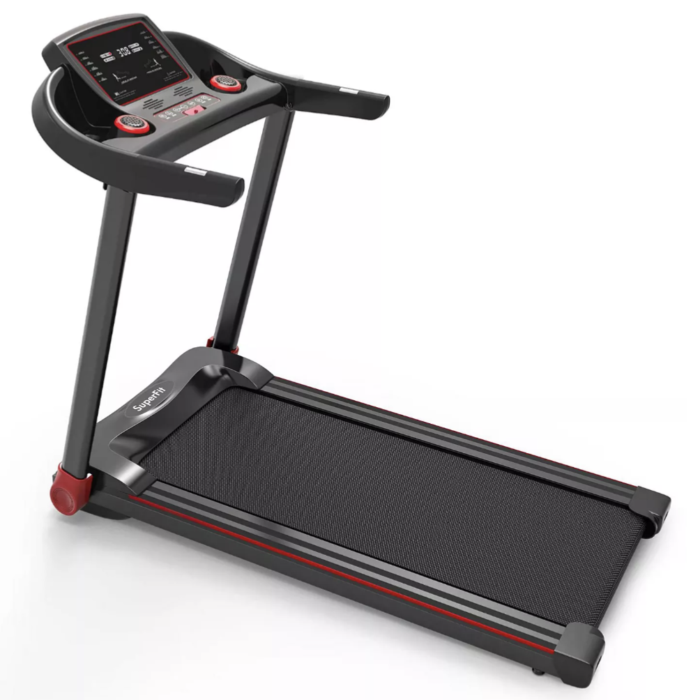 A black and red treadmill with an electronic display, featuring controls and sensors on the handles.