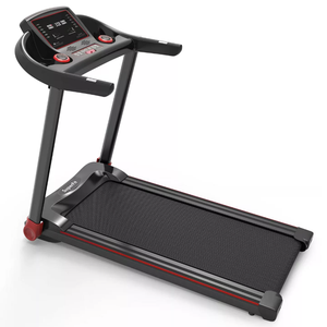 A black and red treadmill with an electronic display, featuring controls and sensors on the handles.