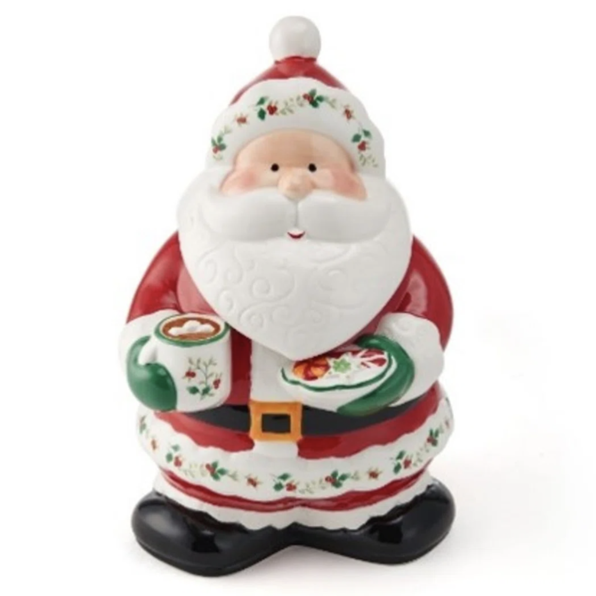 A Santa-themed ceramic cookie jar, featuring Santa Claus holding a mug and a plate, decorated with festive holly accents.