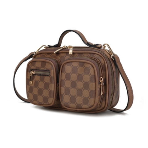 A brown handbag with a checkered pattern featuring two front zippered pockets and a shoulder strap.