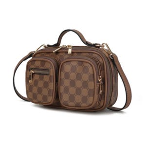 A brown handbag with a checkered pattern featuring two front zippered pockets and a shoulder strap.
