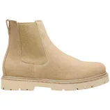 A beige suede Chelsea boot featuring a ribbed elastic side panel, pull tab, and sturdy sole for a classic and casual look.