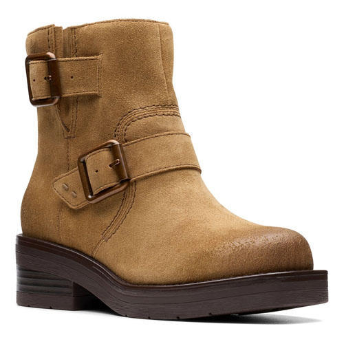 Tan suede ankle boot with two adjustable straps and a low stacked heel.