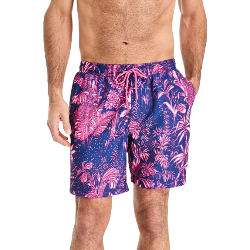 Men's swim shorts with a blue and pink tropical leaf pattern, featuring a drawstring waist.