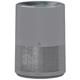 A gray cylindrical air purifier with a perforated lower section for air intake.