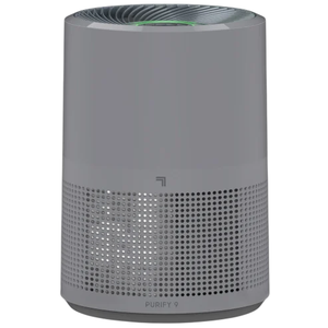 A gray cylindrical air purifier with a perforated lower section for air intake.