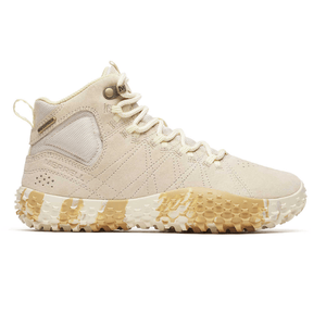 Beige high-top hiking boot with durable texture, featuring Merrell branding and a textured, two-tone sole for traction.