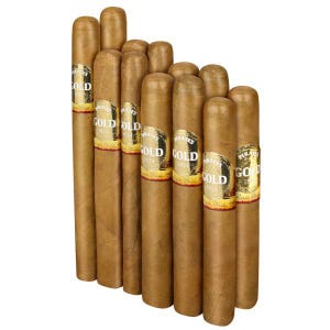 A collection of cigars labeled \“Gold\“ with a light brown wrapper and distinct bands displaying \“1924.\“