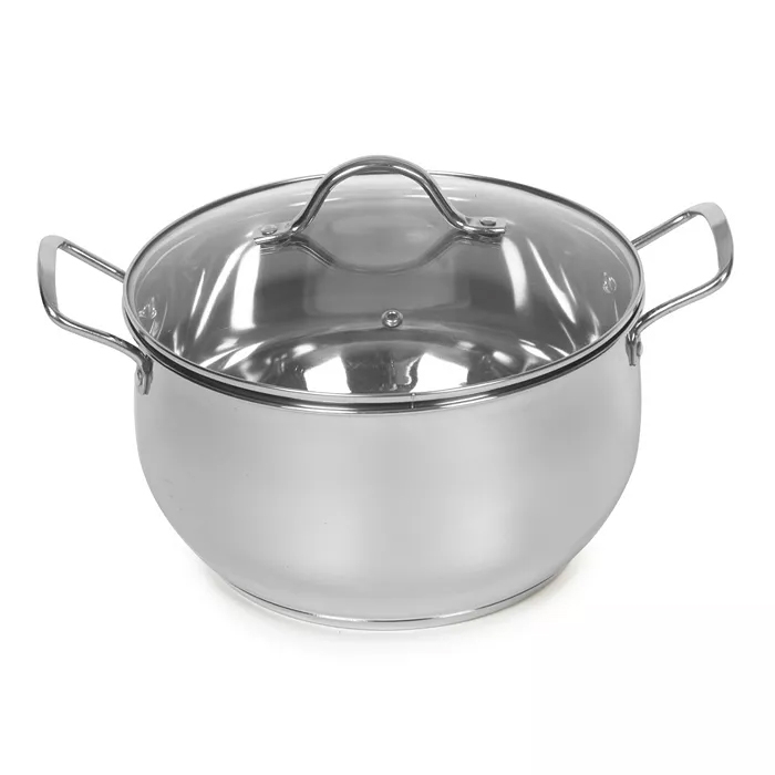 A stainless steel stockpot with a glass lid and two side handles.