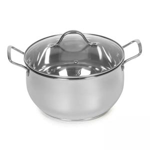 A stainless steel stockpot with a glass lid and two side handles.