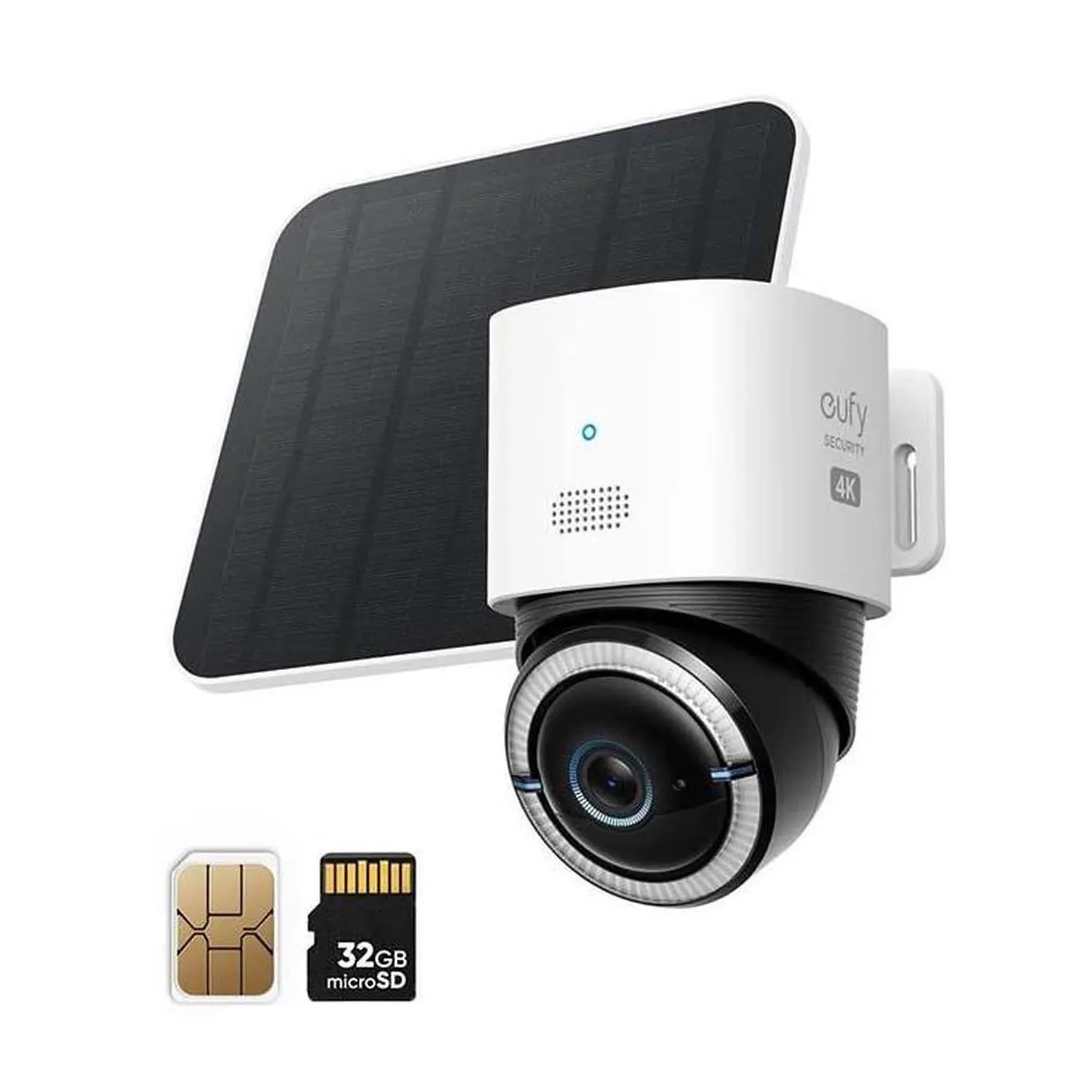 A solar-powered Eufy security camera with 4K resolution is shown alongside a 32GB microSD card and a SIM card.