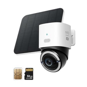 A solar-powered Eufy security camera with 4K resolution is shown alongside a 32GB microSD card and a SIM card.