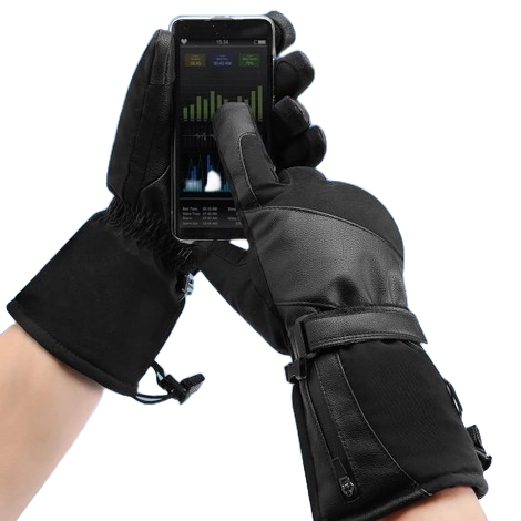 Black touchscreen heated gloves with adjustable straps and zippers, allowing for smartphone use in cold weather while keeping hands warm.