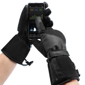 Black touchscreen heated gloves with adjustable straps and zippers, allowing for smartphone use in cold weather while keeping hands warm.
