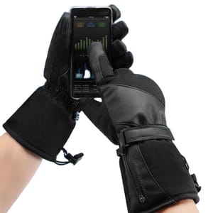 Black touchscreen heated gloves with adjustable straps and zippers, allowing for smartphone use in cold weather while keeping hands warm.