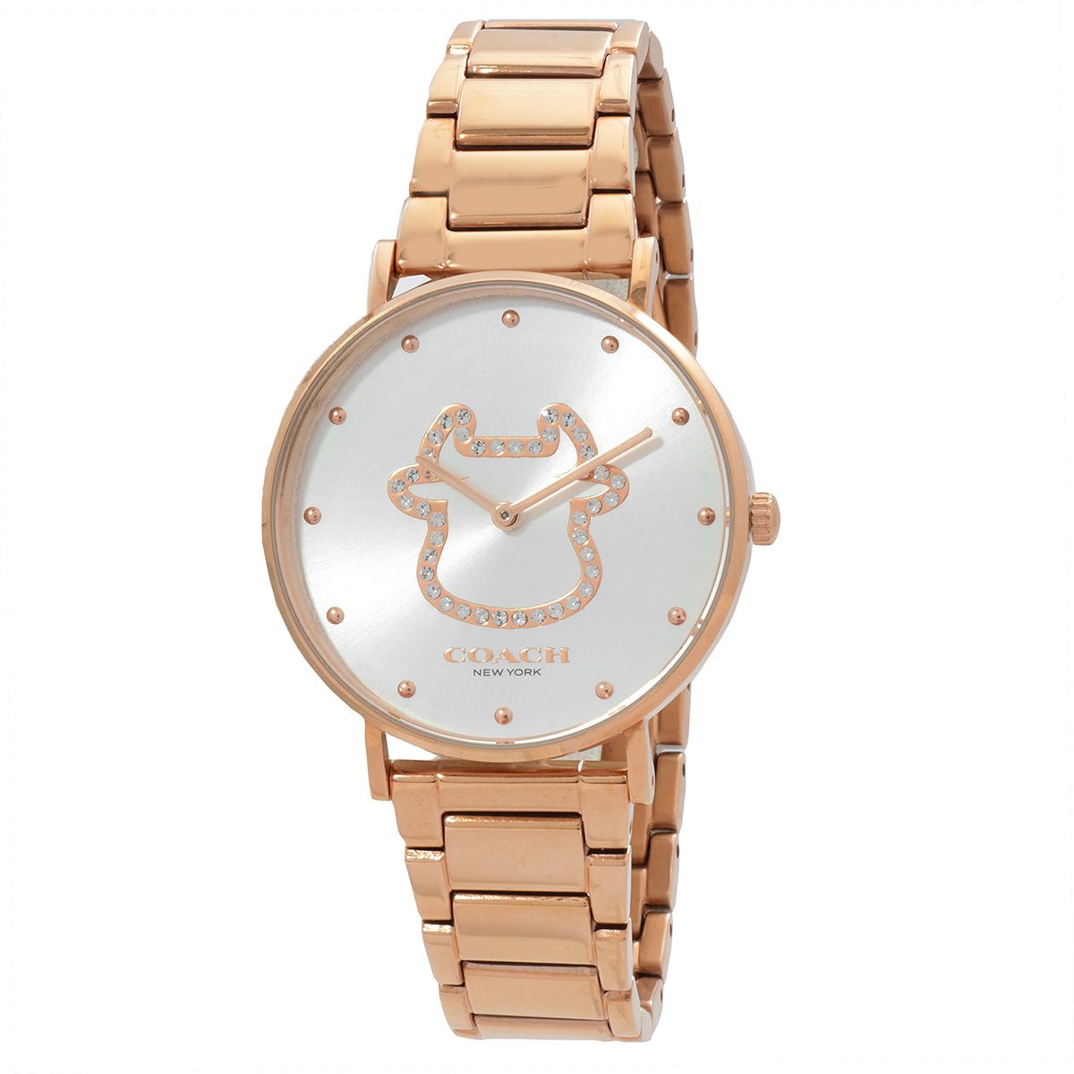Coach Women's Perry Quartz Watch features a round, silver-tone face with a crystal-embellished animal motif and rose gold-tone hands. It has a rose gold-tone stainless steel link bracelet and minimalist hour markers.