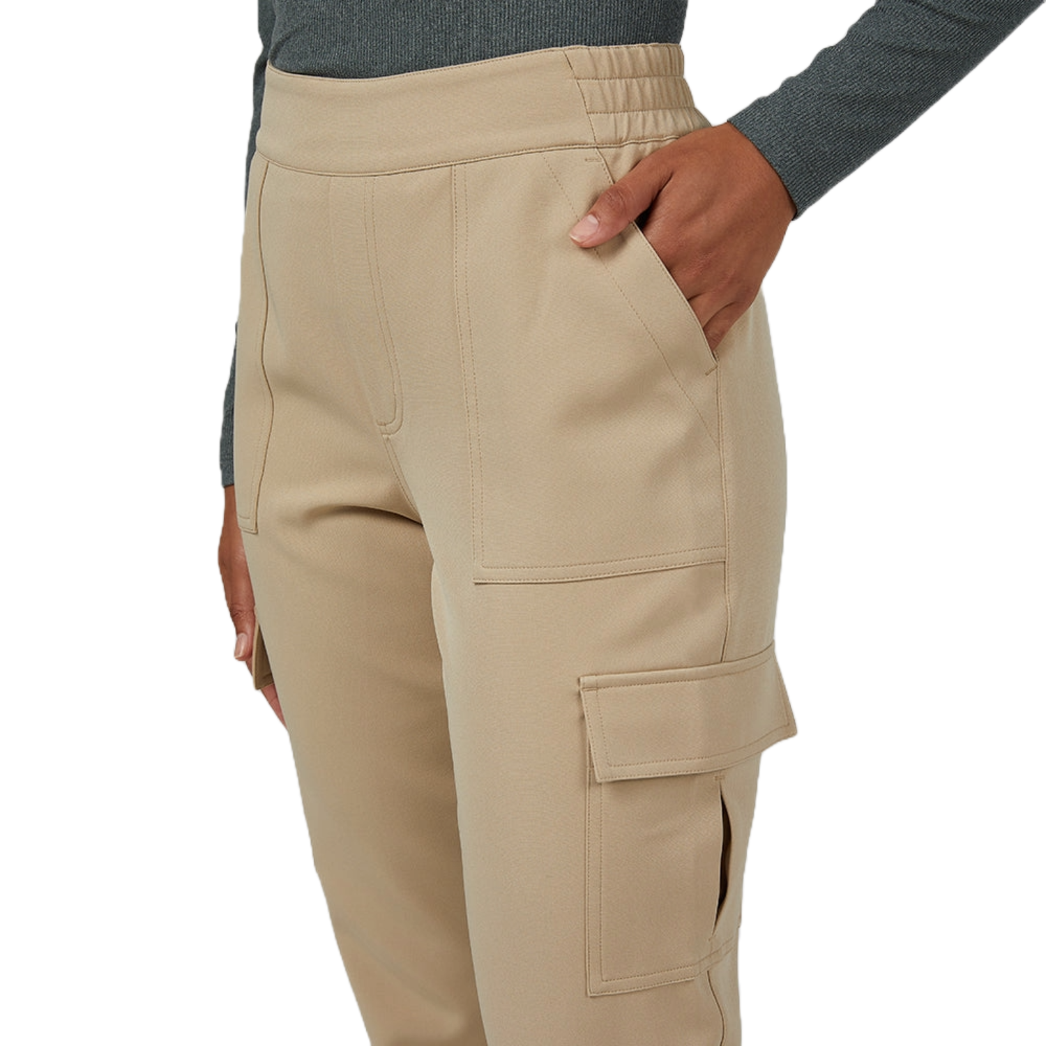 Beige cargo pants made from soft stretch fabric, featuring a flat waistband and multiple pockets, including a side cargo pocket.