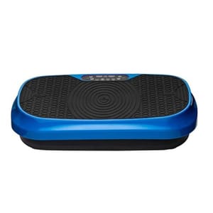 Blue and black vibration plate with a textured surface and digital controls, designed for home exercise to enhance muscle strength and aid in weight loss through vibration therapy.