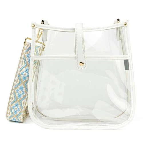 Transparent handbag with white trim and a detachable strap featuring a blue and beige geometric pattern.