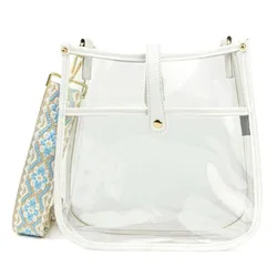 Transparent handbag with white trim and a detachable strap featuring a blue and beige geometric pattern.