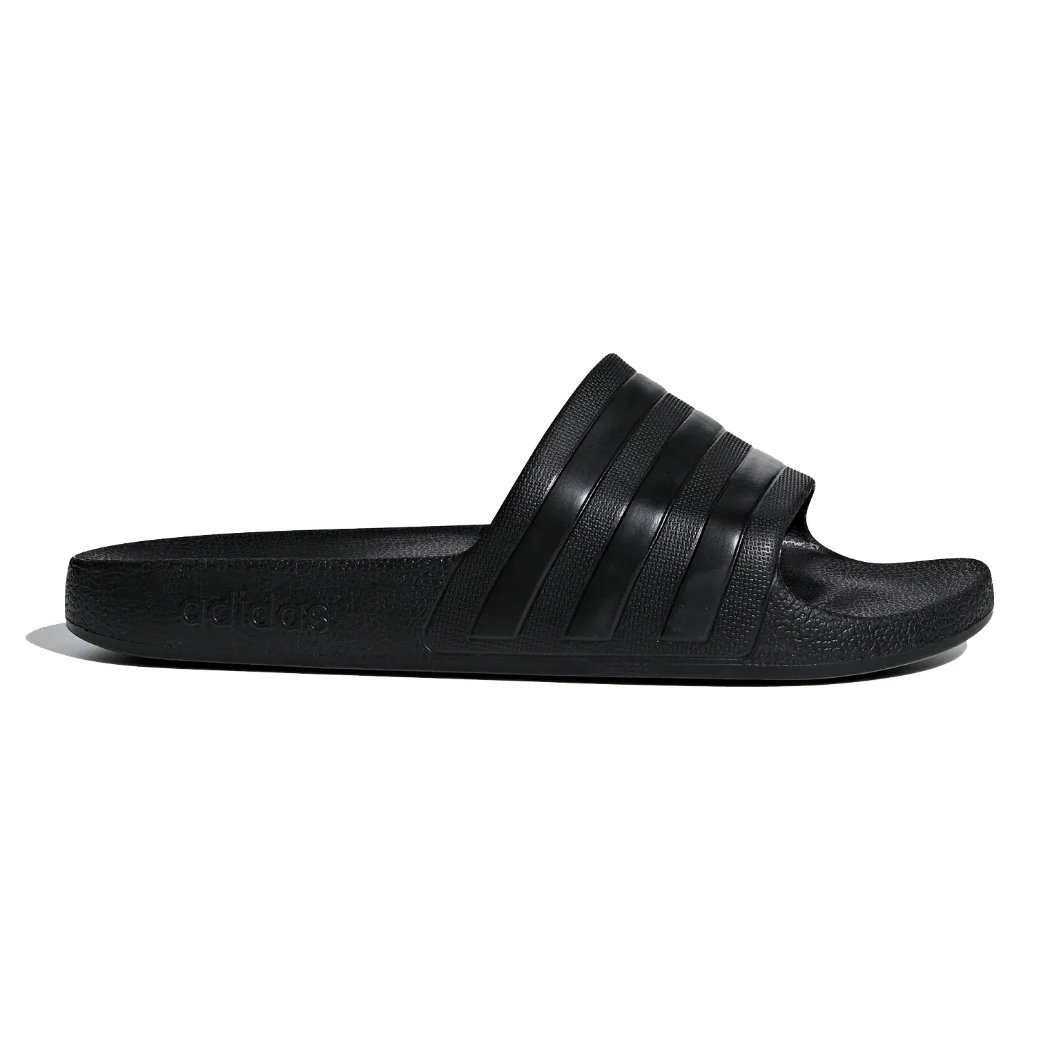 Black Adidas slide sandal featuring three parallel stripes on the strap with a textured footbed and sole.