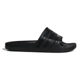 Black Adidas slide sandal featuring three parallel stripes on the strap with a textured footbed and sole.