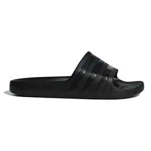Black Adidas slide sandal featuring three parallel stripes on the strap with a textured footbed and sole.