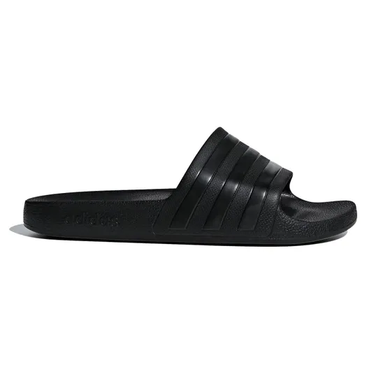 Black Adidas slide sandal featuring three parallel stripes on the strap with a textured footbed and sole.