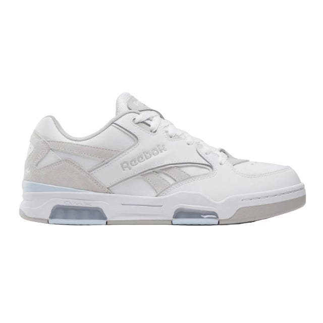 Reebok athletic shoe featuring a white leather upper with gray accents, embossed Reebok branding, and cushioned DMX sole technology.
