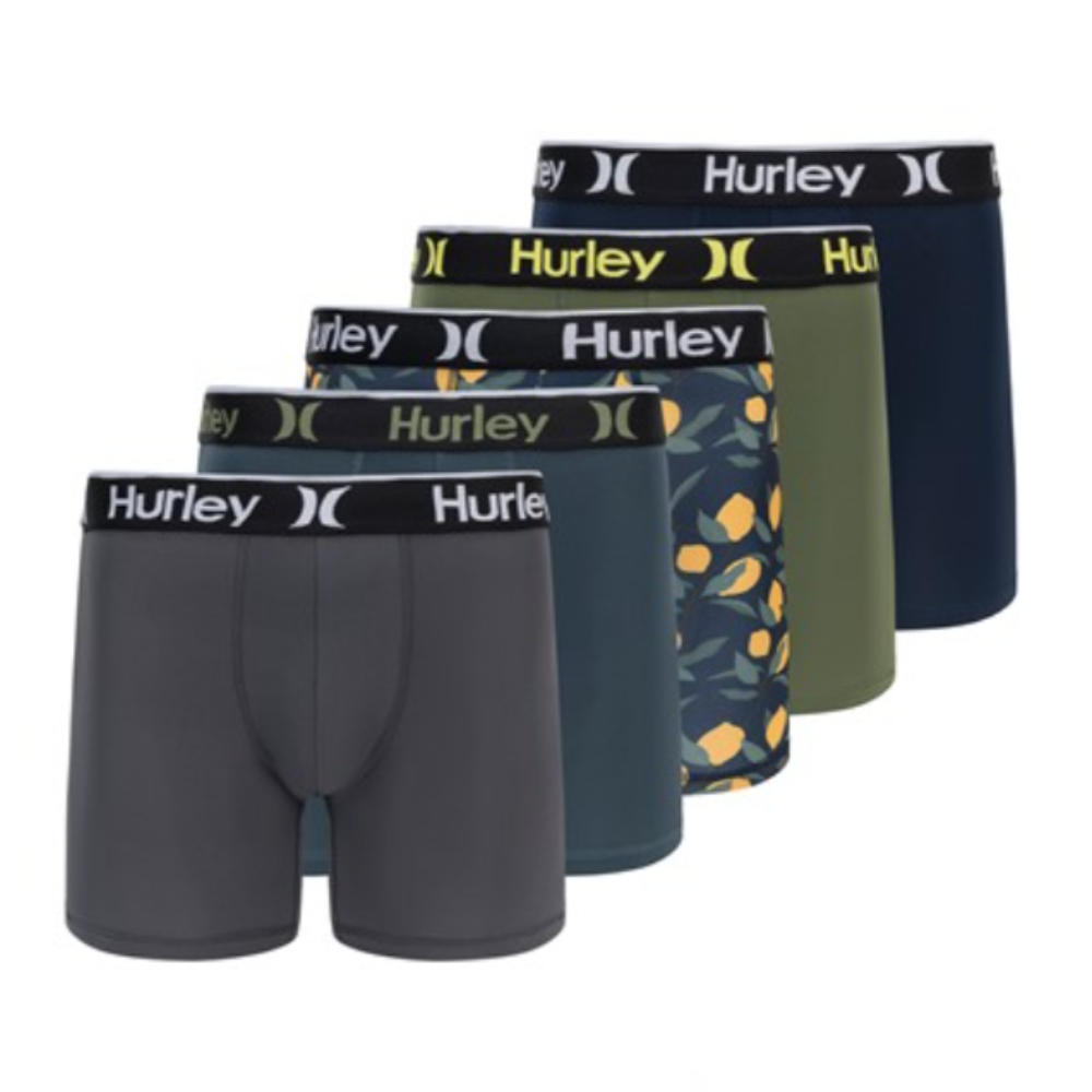 A set of five men's boxer briefs from Hurley, featuring a variety of solid colors and a leaf-patterned design, all with branded elastic waistbands.