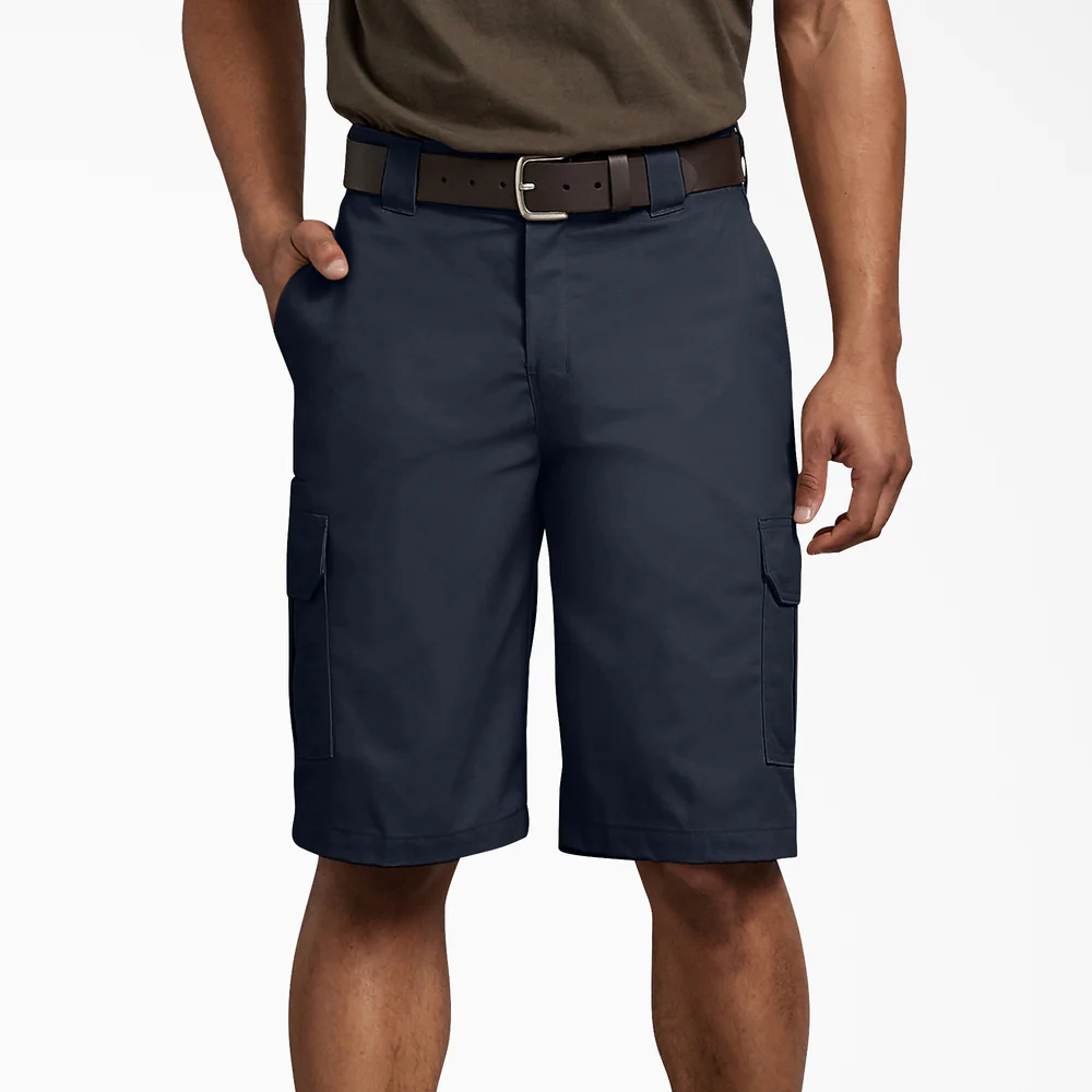 Navy cargo shorts with a brown belt, featuring side cargo pockets and a front zipper. The person is also wearing an olive green shirt.
