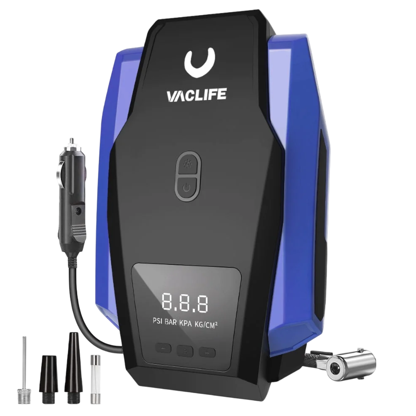 Portable air compressor with digital display, power button, and various nozzle attachments, branded \“VACLIFE.\“ Suitable for inflating tires and other inflatables.