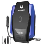 Portable air compressor with digital display, power button, and various nozzle attachments, branded \“VACLIFE.\“ Suitable for inflating tires and other inflatables.