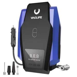 Portable air compressor with digital display, power button, and various nozzle attachments, branded \“VACLIFE.\“ Suitable for inflating tires and other inflatables.