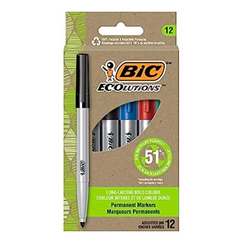 BIC Ecolutions Permanent Markers, 12-pack, features long-lasting bold colors with assorted ink. Made from 51% recycled plastic, the packaging is 100% recycled and recyclable. Colors include black, blue, and red.