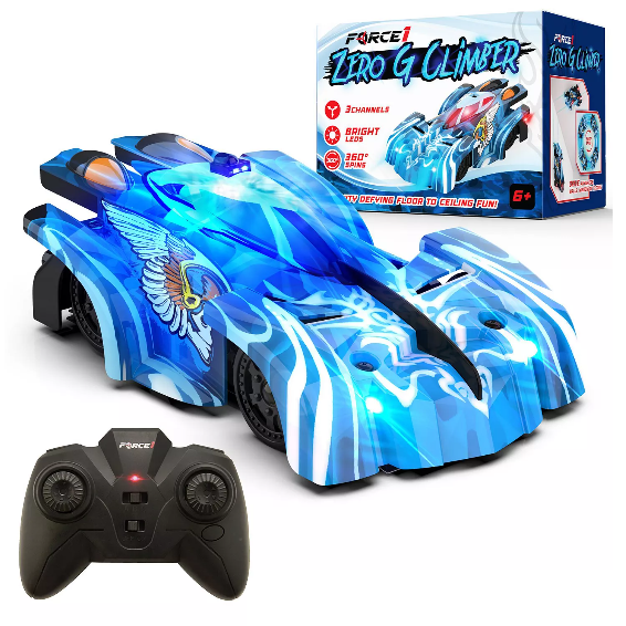 Remote-controlled car named \“Zero G Climber\“ comes with bright LED lights, 360-degree spin capability, and three channels. The box displays the product and its features, suitable for ages 6 and up.