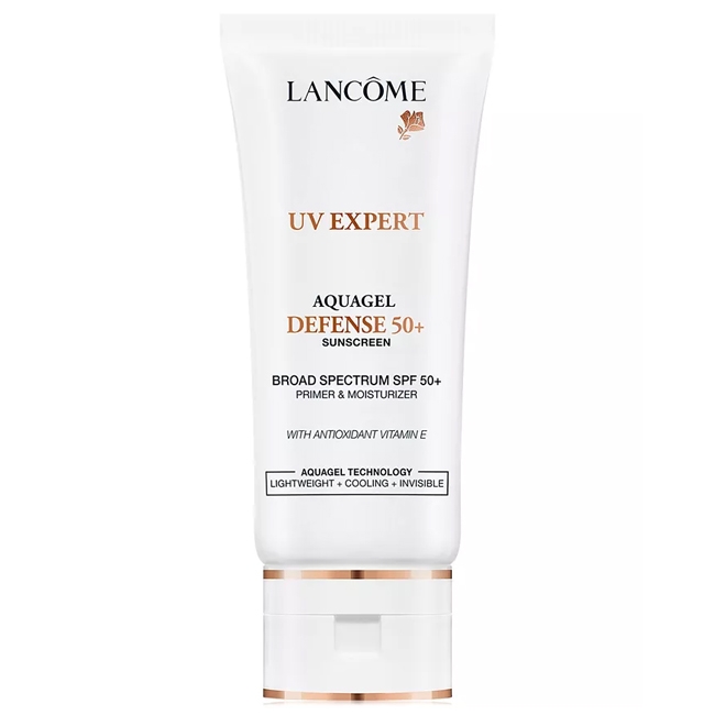 Lancôme UV Expert Aquagel Defense 50+ is a sunscreen with broad-spectrum SPF 50+, serving as a primer and moisturizer, featuring antioxidant Vitamin E and lightweight, cooling, and invisible Aquagel technology.