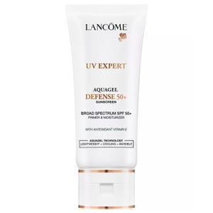 Lancôme UV Expert Aquagel Defense 50+ is a sunscreen with broad-spectrum SPF 50+, serving as a primer and moisturizer, featuring antioxidant Vitamin E and lightweight, cooling, and invisible Aquagel technology.