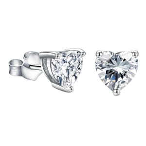 Heart-shaped moissanite studs with a symmetrical, clear gemstone set in a simple prong setting and secured with a butterfly back, all in a silvery metal tone.