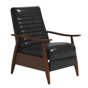 A mid-century modern recliner featuring a black genuine leather upholstery with horizontal tufting. It has wooden armrests and legs, providing a sleek and classic look.