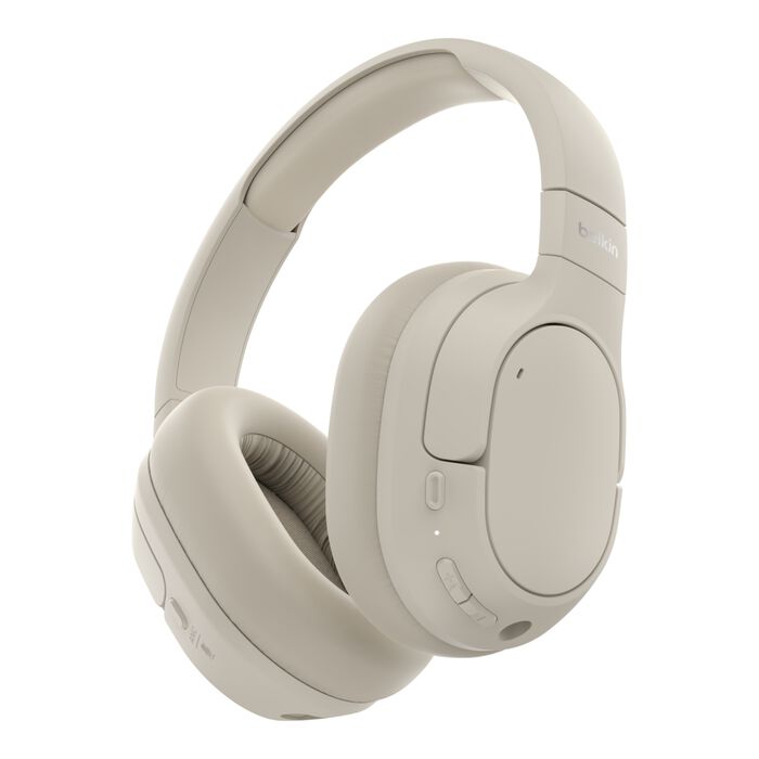Belkin noise-cancelling over-ear headphones in a light beige color feature cushioned ear pads, adjustable headband, control buttons on the ear cup, and a sleek, minimalist design for comfort and style.