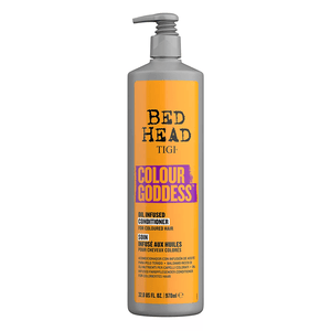 Bed Head TIGI Colour Goddess is an oil-infused conditioner designed for colored hair, available in a 32.8 US fl. oz. (970 ml) bottle.