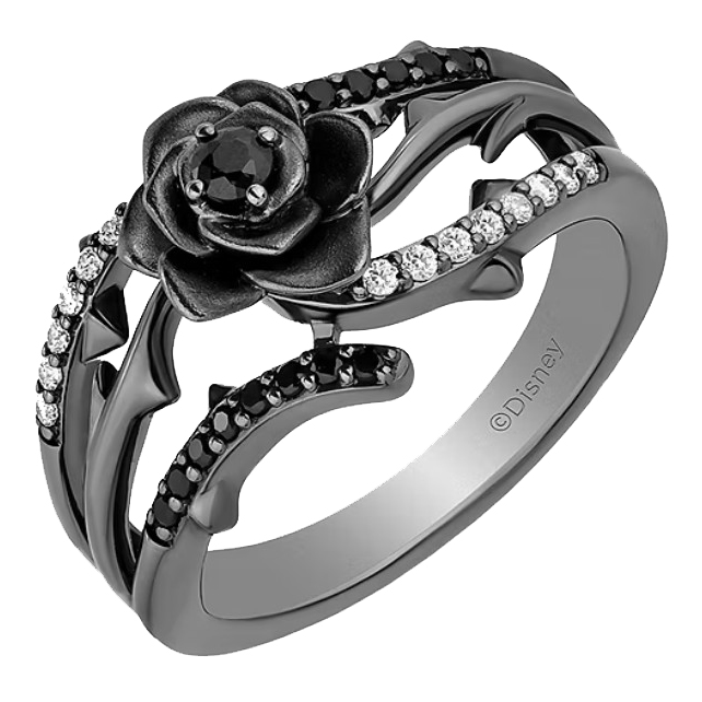 A black rose-themed ring featuring black and white gemstones on an ornate band, designed by Disney.