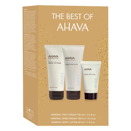 The package includes AHAVA Mineral Foot Cream (100 ml), Mineral Hand Cream (100 ml), and Mineral Body Lotion (40 ml).