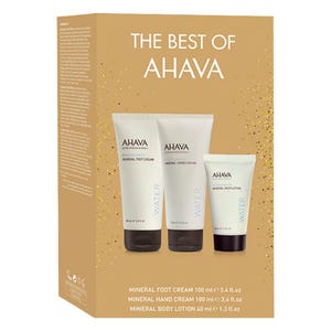 The package includes AHAVA Mineral Foot Cream (100 ml), Mineral Hand Cream (100 ml), and Mineral Body Lotion (40 ml).