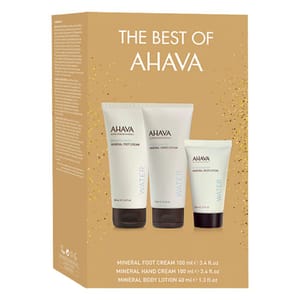The package includes AHAVA Mineral Foot Cream (100 ml), Mineral Hand Cream (100 ml), and Mineral Body Lotion (40 ml).