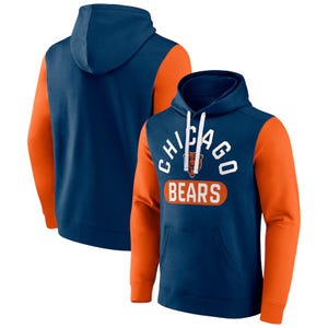 This is a two-tone hoodie with a blue body, orange sleeves, and hood, featuring the \“Chicago Bears\“ logo and name on the front.
