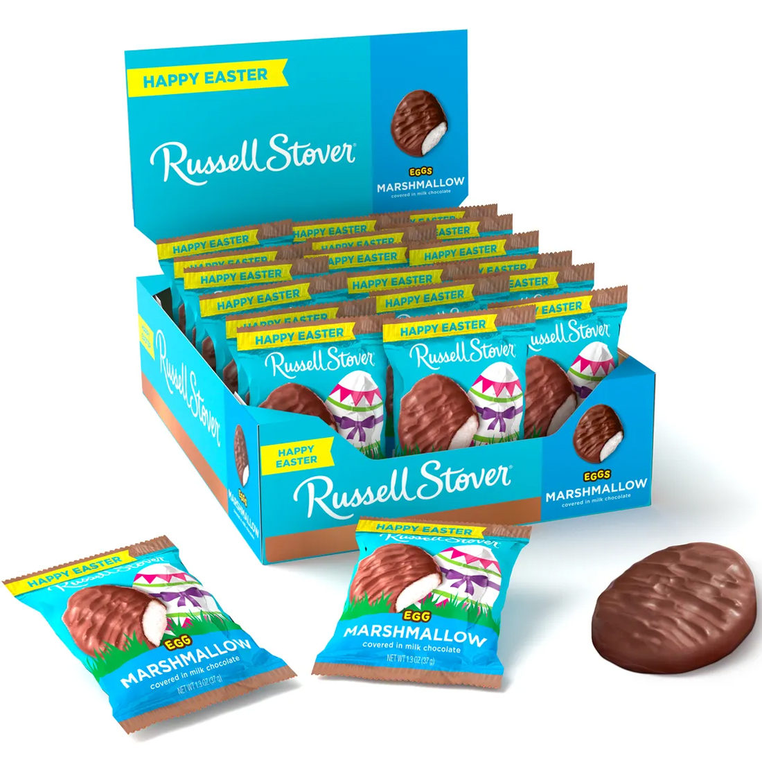 18ct Russell Stover Egg Marshmallow candies are covered in milk chocolate, packaged in a blue box featuring \“Happy Easter\“ text, with each egg individually wrapped.